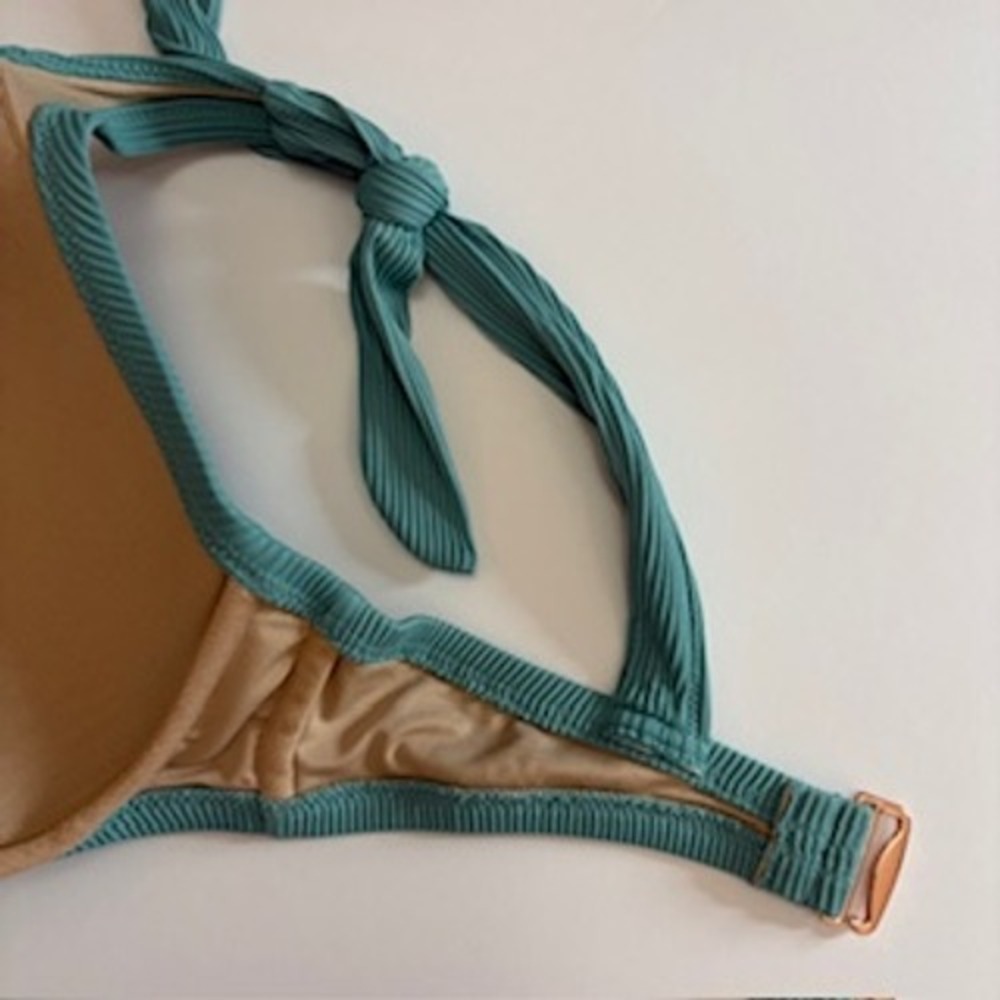 Shade & Shore Teal Ribbed Underwire Bikini Top 38DD Tie Straps Padded Swimwear - Picture 5 of 7